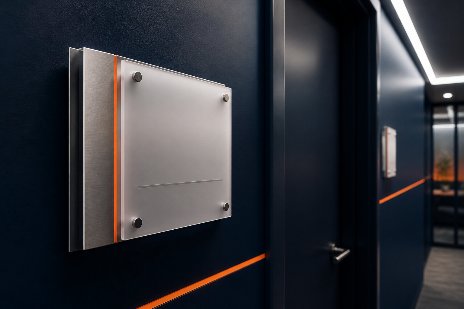 Brushed metal and acrylic office door label