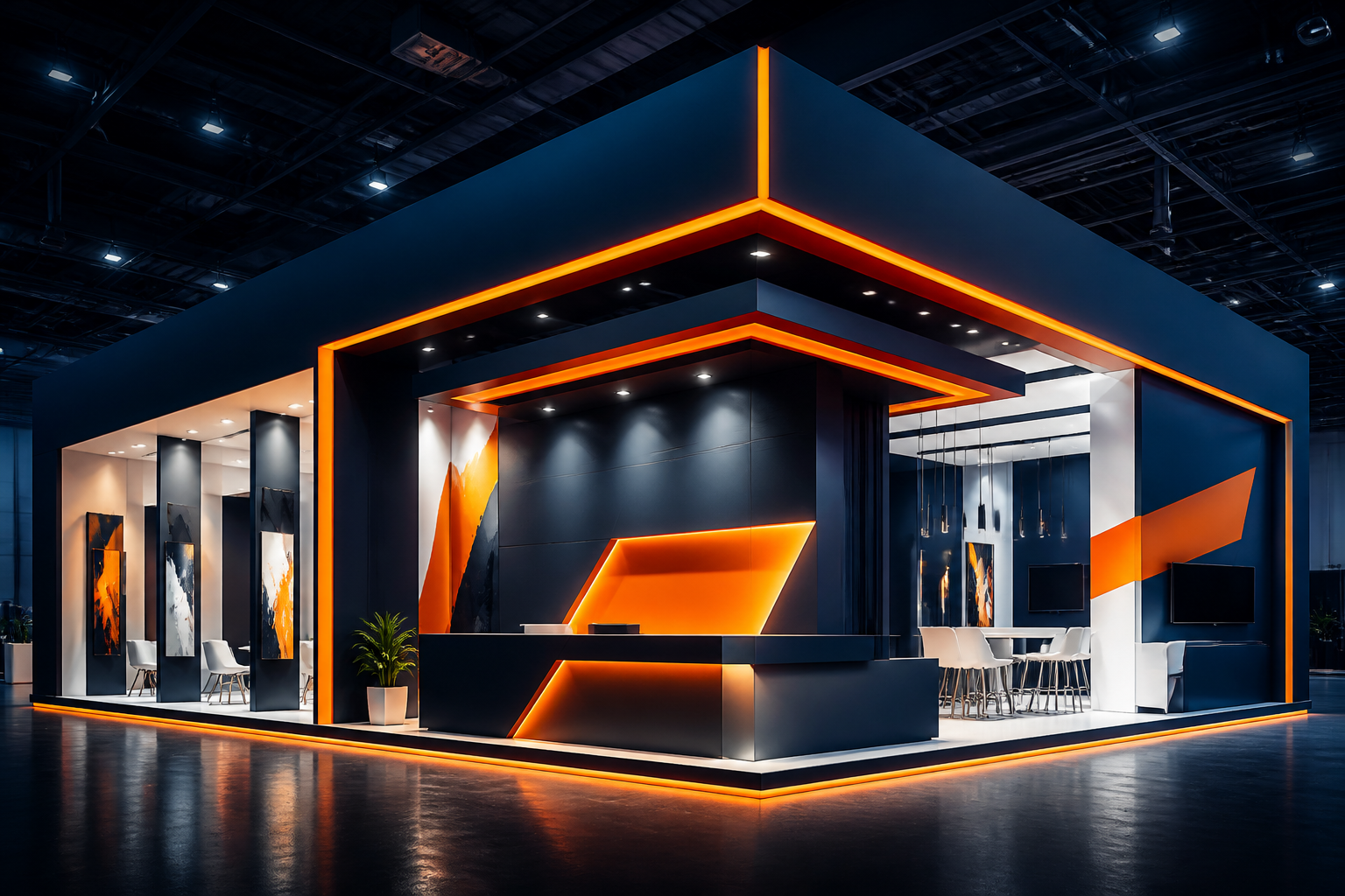 Modern navy and orange exhibition booth