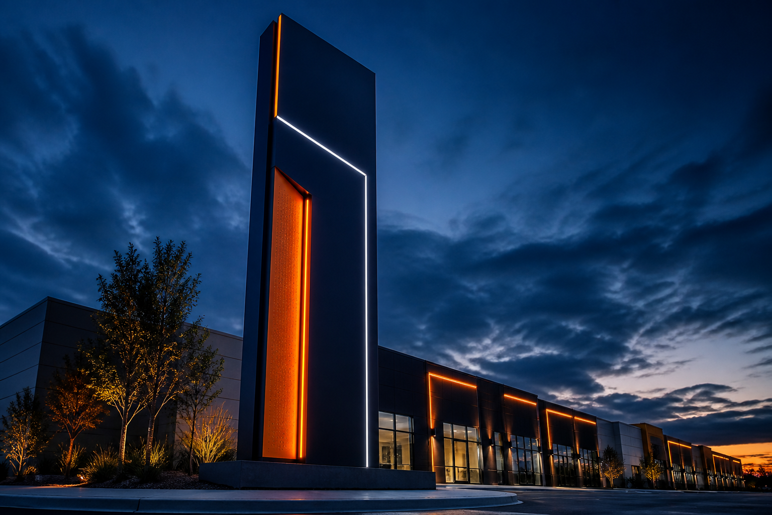Tall illuminated pylon sign at a commercial complex