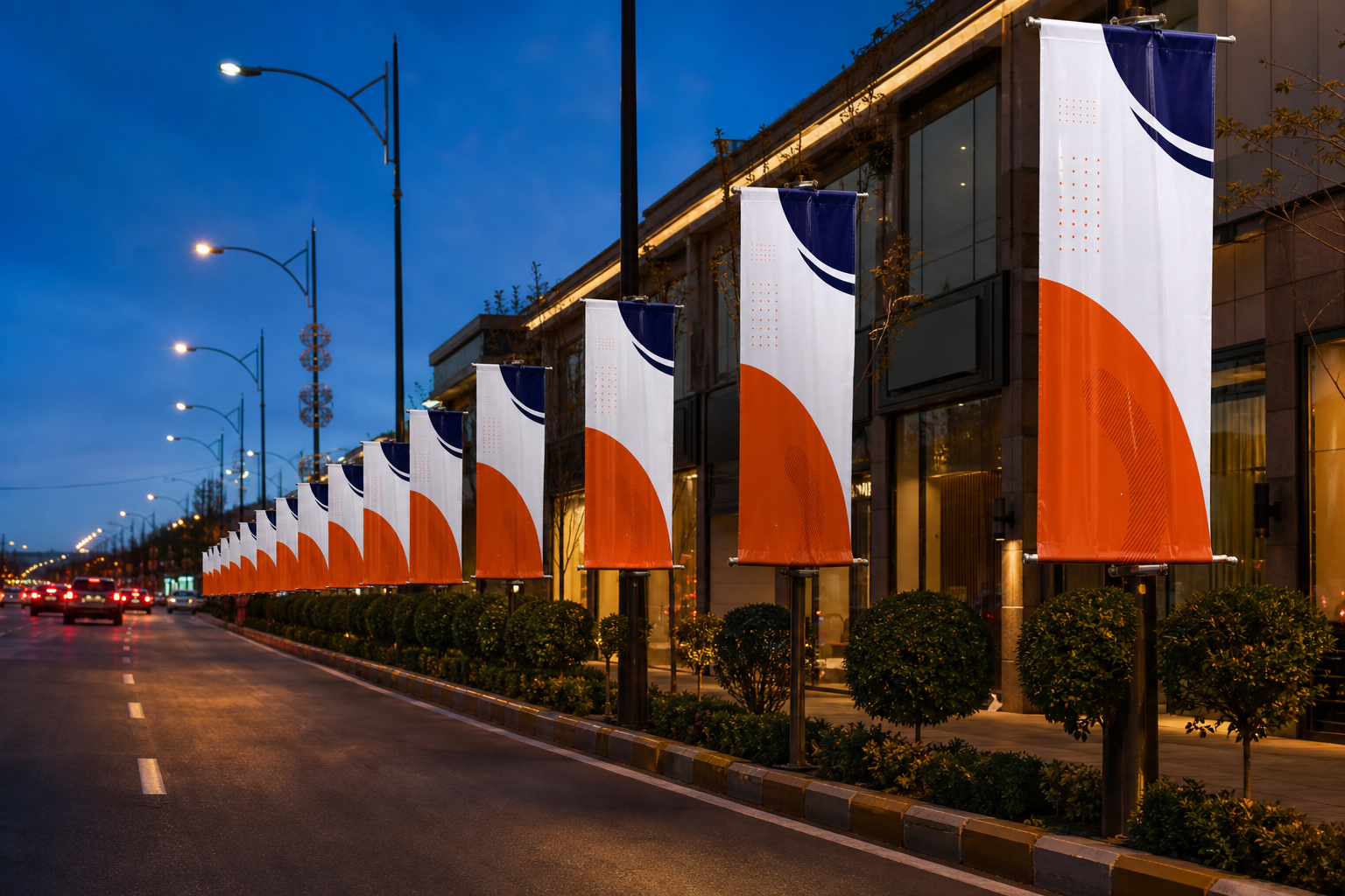 Modern navy and orange exhibition booth