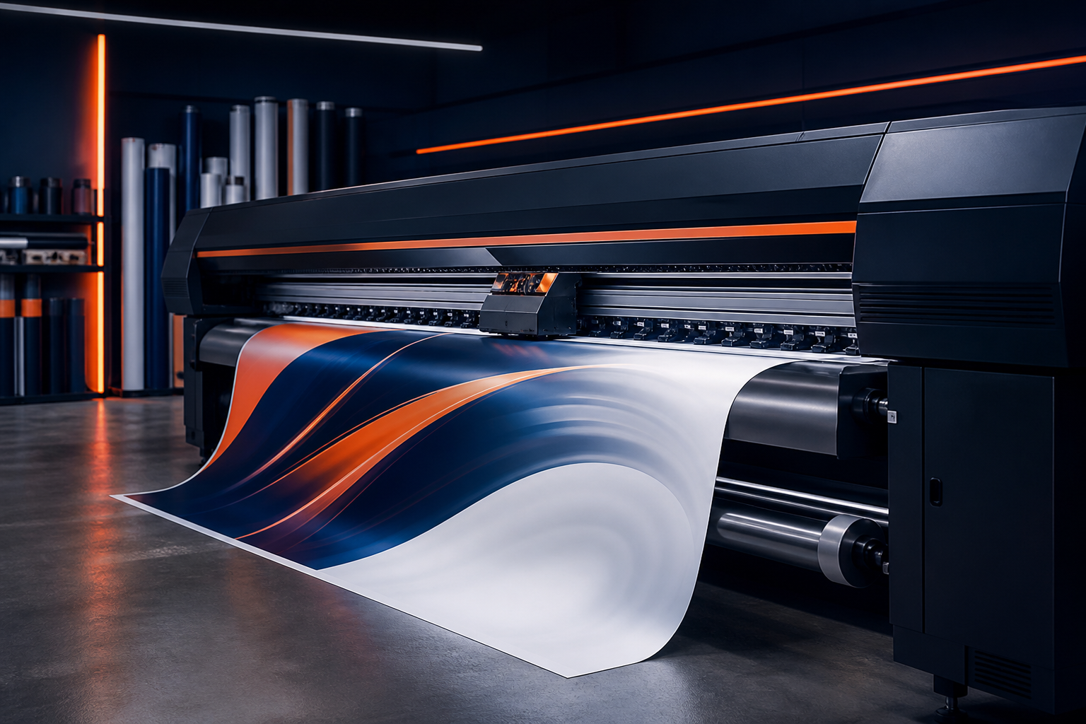Wide-format roll printer producing a large graphic